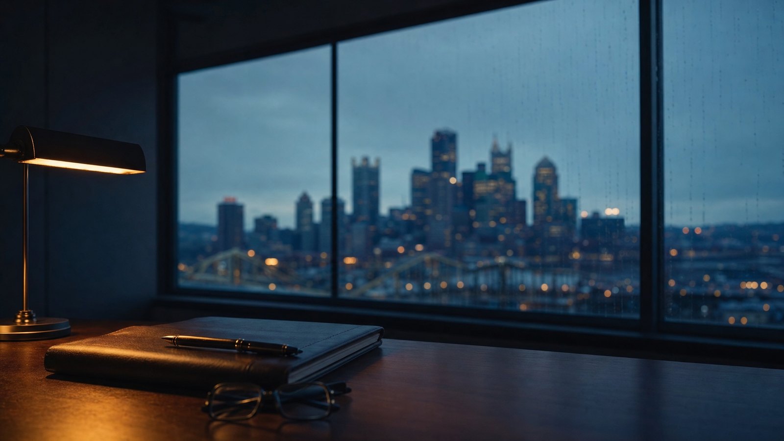 Leather document folio and pen beside reading glasses on a dark wood desk lit by a brass lamp, with the Pittsburgh skyline and a yellow bridge glowing through the window at dusk