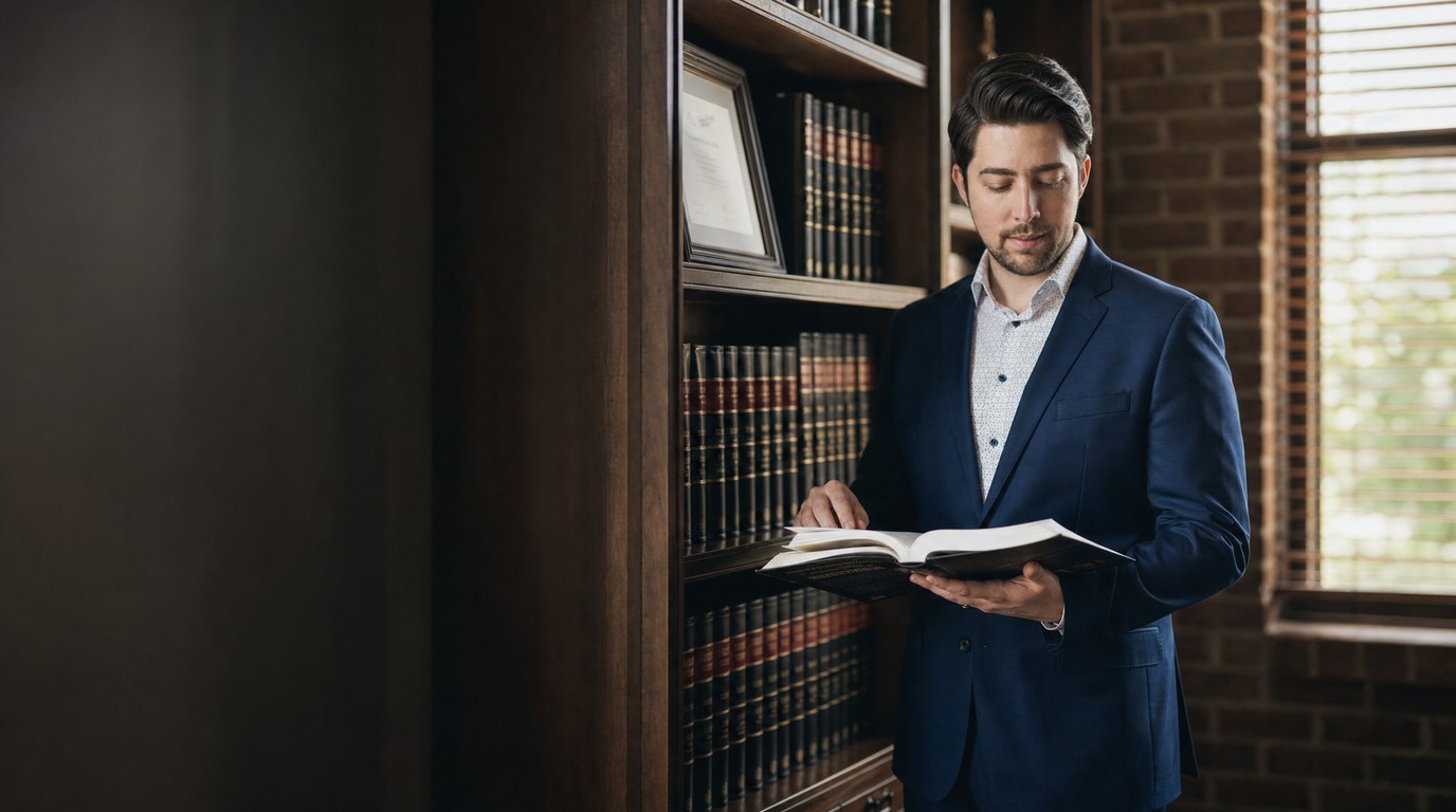 Attorney reading a law volume beside a bookshelf