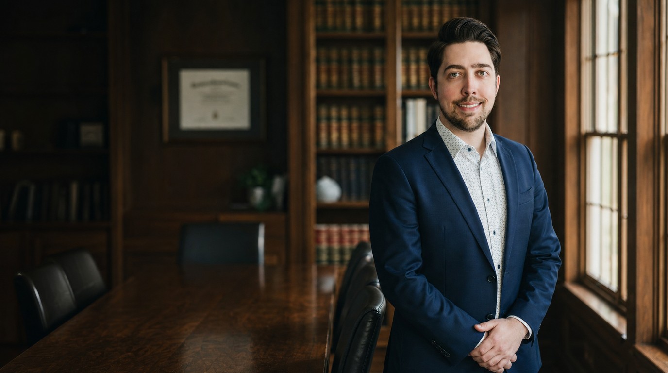 Attorney standing confidently at the head of a conference table