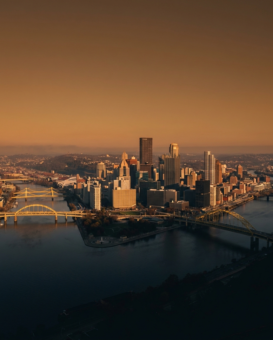 Pittsburgh skyline at golden hour from the Mt. Washington overlook, with the city's three rivers and bridges in view